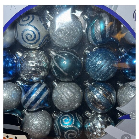 Shatterproof Blue Silver Holiday Ornaments Box of 52 NEW - Picture 3 of 5